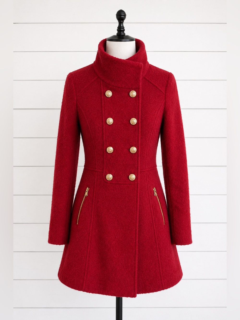 Red Fit-and-Flare Wool-Blend Dress Coat